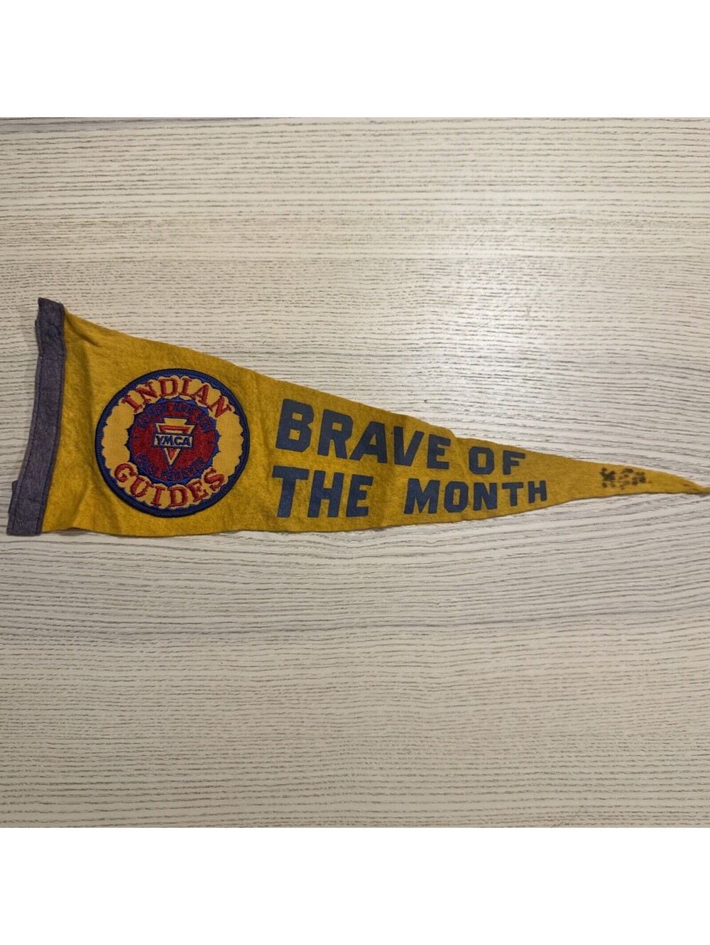 Vintage YMCA Indian Guides Pennant Brave of The Month Felt Flag Yellow Blue